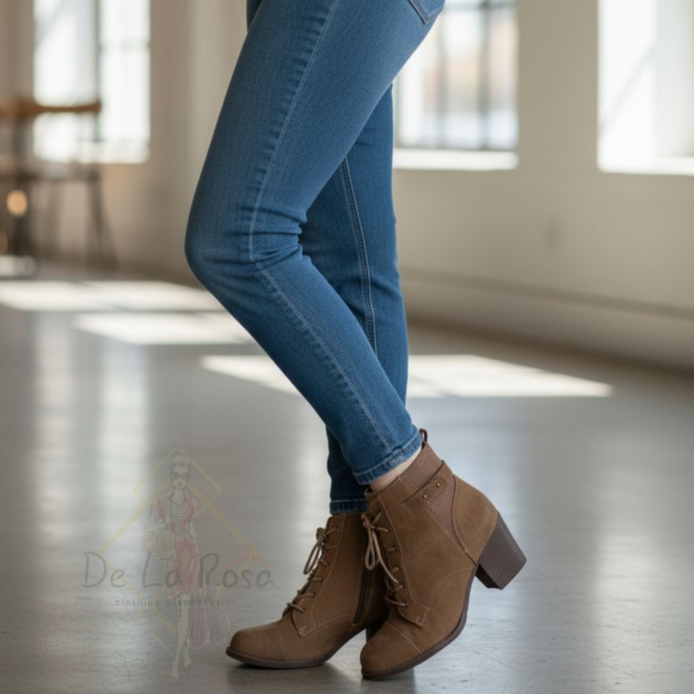 Celia Brown Faux Suede Lace-up Ankle Booties With Block Heel - 8